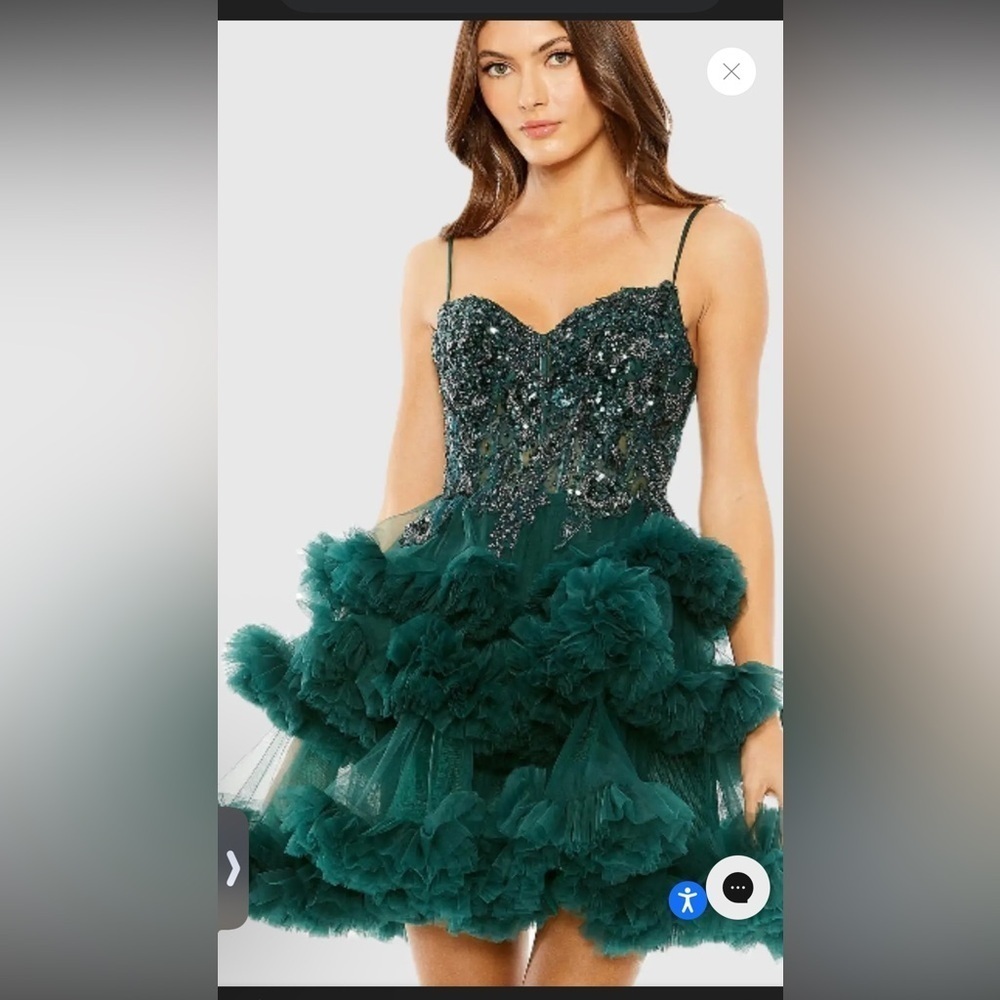MAC DUGGAL Green Thin Strap Beaded Bodice Tiered Tulle Dress